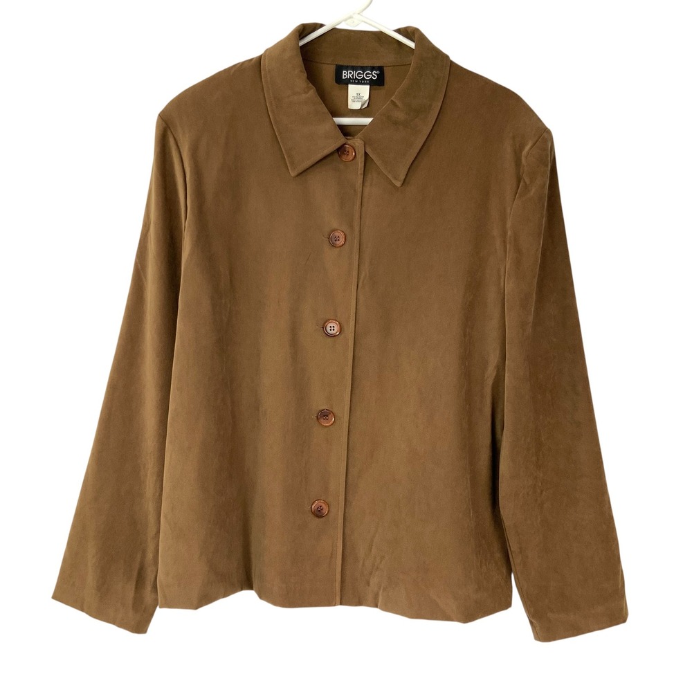 Briggs New York Brown Faux Suede Jacket 1X Button Collared Long Sleeve Soft